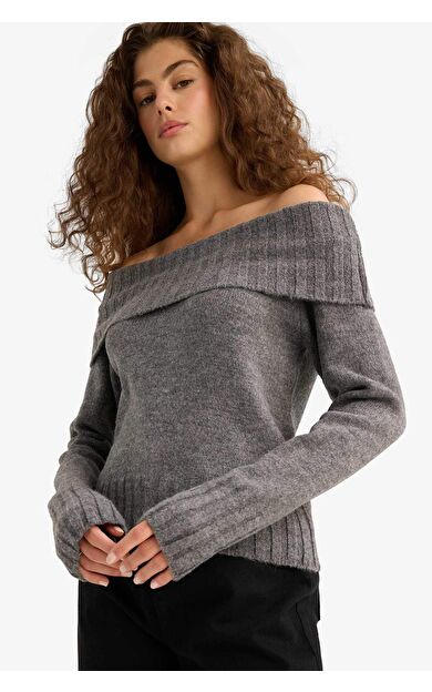 Slim Fit Dar Kesim Açık Omuz Kazak E8345AX25WNGR210