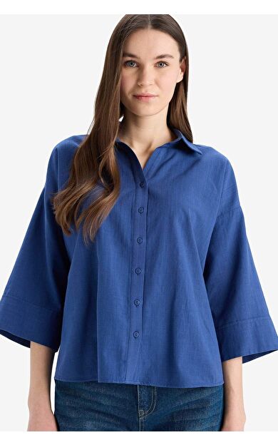 DeFacto Regular Fit Gömlek Yaka Keten Karışımlı Kısa Kollu Gömlek