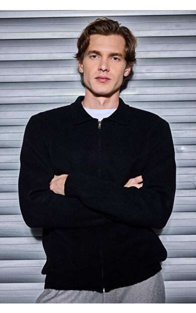 DeFacto Standart Fit Polo Yaka Fermuarlı Triko Hırka