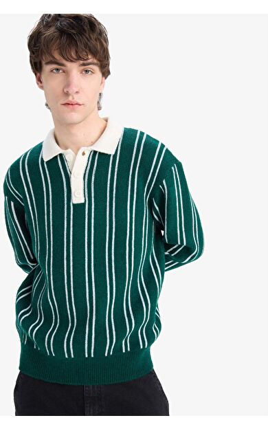 DeFacto Relax Fit Polo Yaka Çizgili Triko Kazak