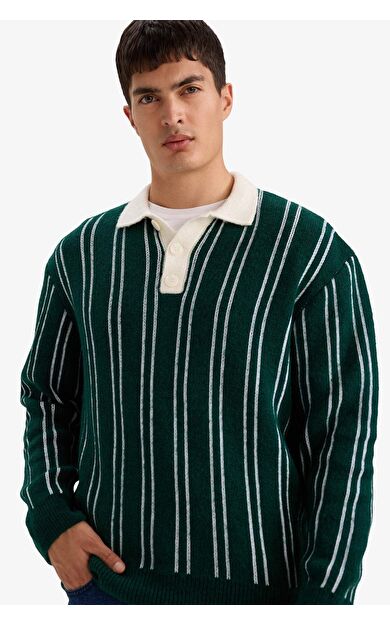Relax Fit Polo Yaka Çizgili Triko Kazak
