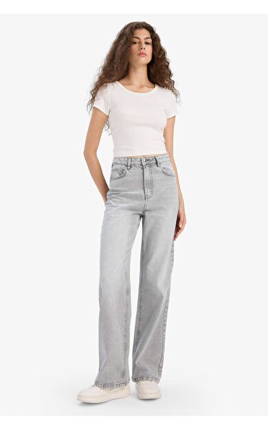 90's Wide Leg Yüksek Bel Düz Paça Uzun Jean Kar Yıkamalı Pantolon