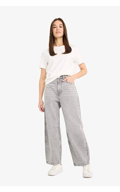 DeFacto Barrel Fit Yüksek Bel Düz Paça Uzun Jean Kar Yıkamalı Pantolon