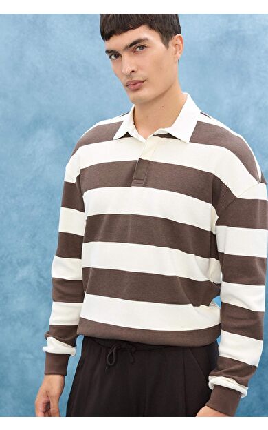 DeFacto Boxy Fit Polo Yaka Çizgili Waffle Sweatshirt