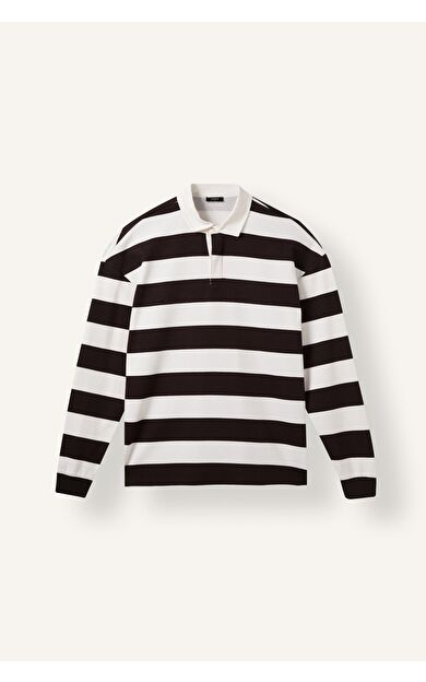 DeFacto Boxy Fıt Polo Yaka Çizgili Waffle Sweatshirt