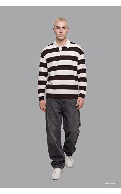 DeFacto Boxy Fıt Polo Yaka Çizgili Waffle Sweatshirt
