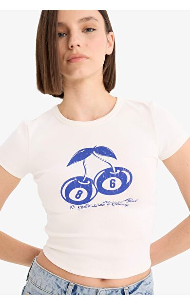 Coool Fitted Bisiklet Yaka Baskılı Ribana Kısa Kollu Tişört E8476AX25SPWT32