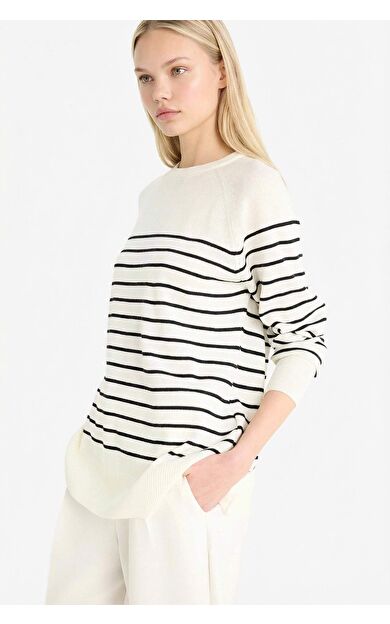 Regular Fit Bisiklet Yaka Çizgili Kazak