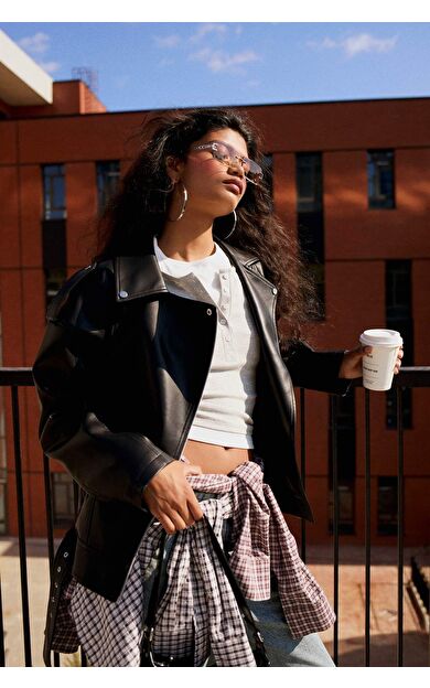 Oversize Geniş Kalıp Fermuarlı Suni Deri Ceket Mont