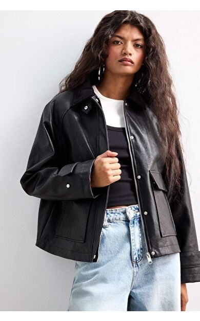 Regular Fit Polo Yaka Suni Deri Ceket Mont