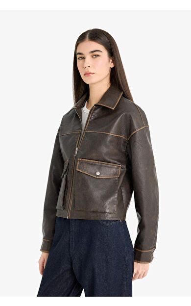 Relax Fit Polo Yaka Tafta Suni Deri Mont