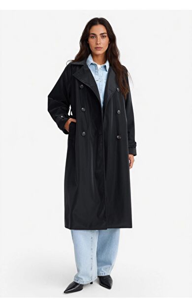 Regular Fit Suni Deri Kemerli Uzun Trençkot