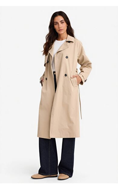 DeFacto Regular Fit Pamuklu Kemerli Uzun Trençkot