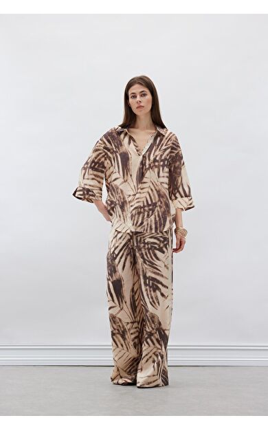 DeFacto Wide Leg Desenli Modal Kumaş Pantolon Yüksek Bel Düz Geniş Paça