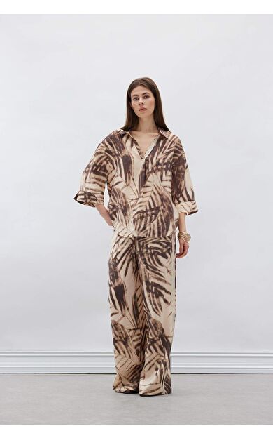 DeFacto Wide Leg Desenli Modal Kumaş Pantolon Yüksek Bel Düz Geniş Paça