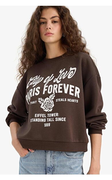 DeFacto Regular Fit Bisiklet Yaka Baskılı Kalın Kumaş Sweatshirt