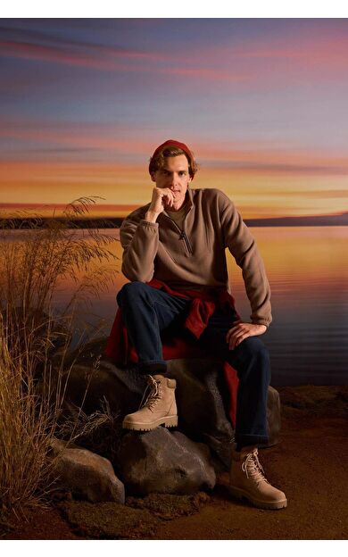 Boxy Fit Dik Yaka Baskılı Polar Sweatshirt