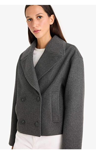 Regular Fit Düğmeli Crop Kaşe Kaban