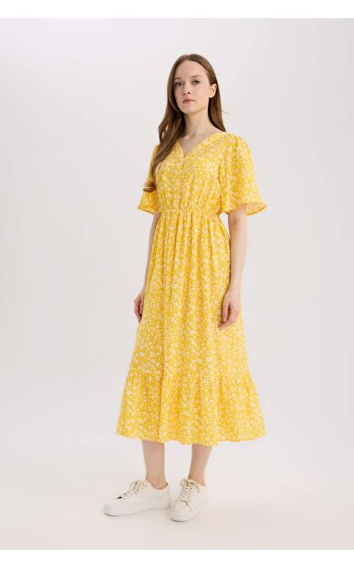 Regular Fit V Yaka Desenli Kısa Kollu Midi Elbise