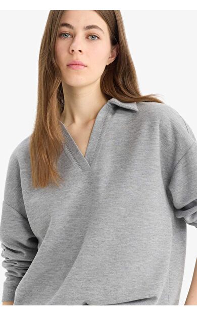 DeFacto Relax Fit Polo Yaka Basic Düz Uzun Kollu Tişört E8681AX25SPGR210