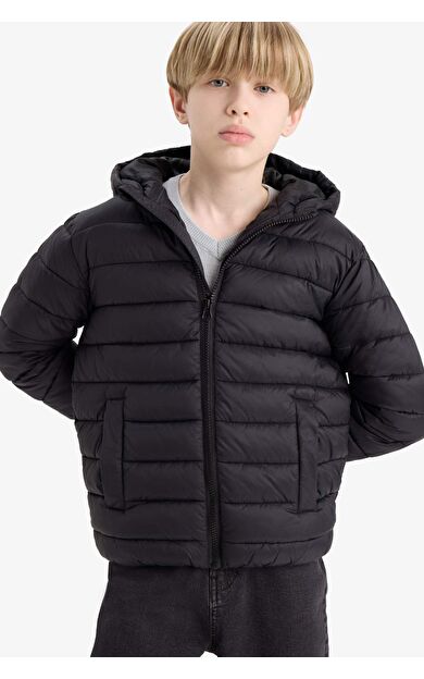 Erkek Çocuk Su İtici Kapüşonlu Fermuarlı Şişme Mont E8688A825AUBK27