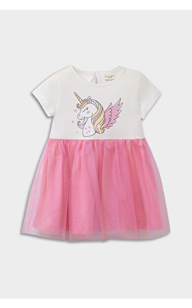 DeFacto Kız Bebek Unicorn Baskılı Kısa Kollu Tül Elbise