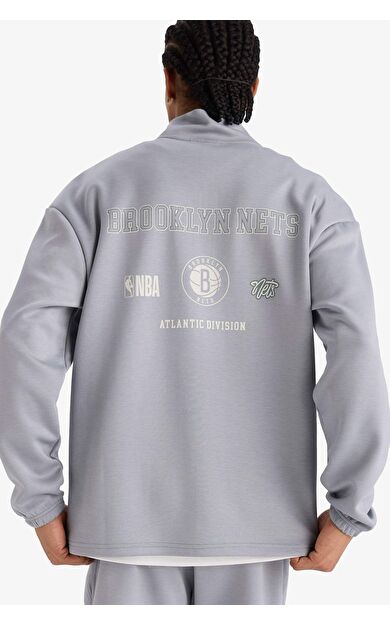 DeFactoFit NBA Brooklyn Nets Boxy Fit Dik Yaka Fermuarlı Sırt Baskılı Skuba Dalgıç Kumaş Sweatshirt
