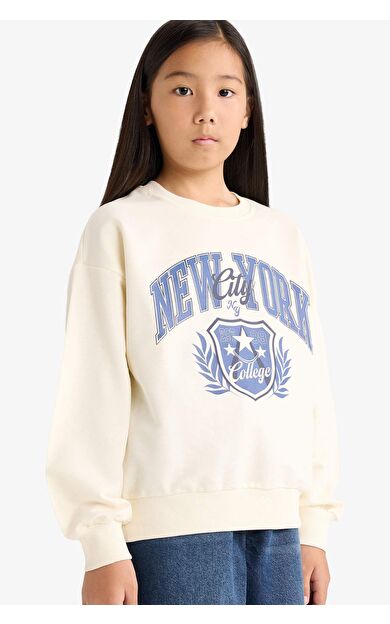 Kız Çocuk Relax Fit Bisiklet Yaka Baskılı Sweatshirt Kumaşı Sweatshirt