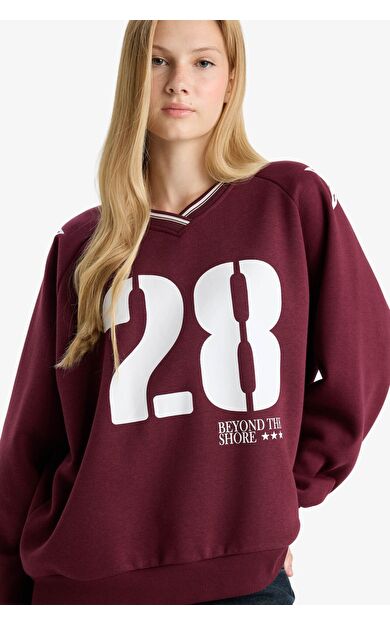 DeFacto Coool Oversize Geniş Kalıp V Yaka Baskılı Kalın Sweatshirt