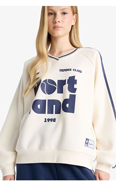 DeFacto Coool Oversize Geniş Kalıp V Yaka Baskılı Kalın Sweatshirt