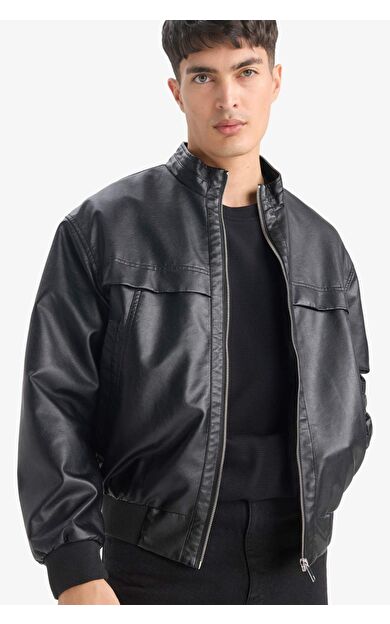 Oversize Geniş Kalıp Dik Yaka Fermuarlı Suni Deri Mont