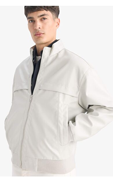 Oversize Geniş Kalıp Dik Yaka Fermuarlı Suni Deri Mont