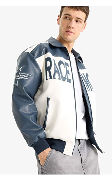 Oversize Geniş Kalıp Gömlek Yaka Fermuarlı Suni Deri Mont