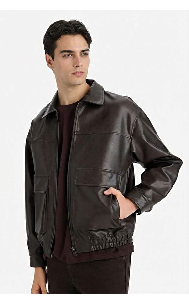 Oversıze Gömlek Yaka Fermuarlı Suni Deri Mont