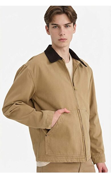 Regular Fit Kontrast Yakalı Pamuk Astarlı Fermuarlı Pamuklu Ceket Mont