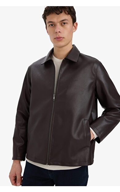 Regular Fit Gömlek Yaka Fermuarlı Suni Deri Ceket Mont