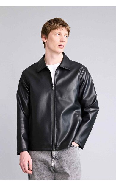 Regular Fıt Gömlek Yaka Fermuarlı Suni Deri Mont