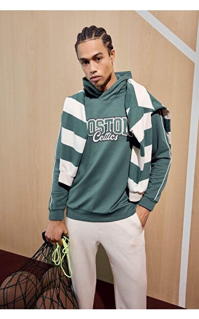 DeFactoFit NBA Boston Celtics Boxy Fit Kapüşonlu Modal Sweatshirt