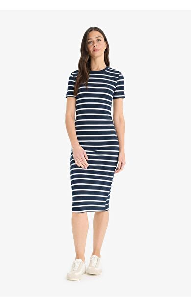 Bodycon Vücudu Saran Bisiklet Yaka Çizgili Fitilli Kaşkorse Kısa Kollu Midi Elbise