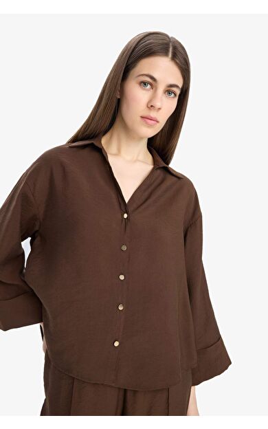 DeFacto Loose Fit Apaşk Yaka Basic Düz Uzun Kollu Gömlek