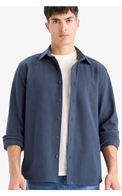 Regular Fit Polo Yaka Penye Uzun Kollu Gömlek E9023AX25WNNV86