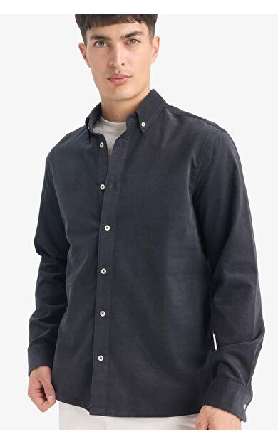 Regular Fit Polo Yaka Fitilli Kadife Uzun Kollu Gömlek