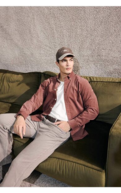 Regular Fit Polo Yaka Fitilli Kadife Uzun Kollu Gömlek