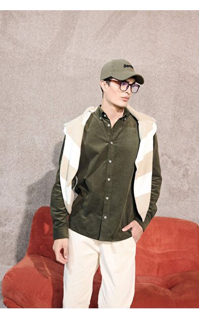 Regular Fit Polo Yaka Fitilli Kadife Uzun Kollu Gömlek