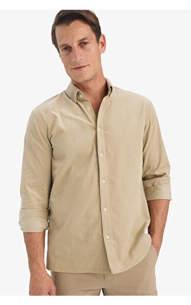 Regular Fit Polo Yaka Fitilli Kadife Uzun Kollu Gömlek