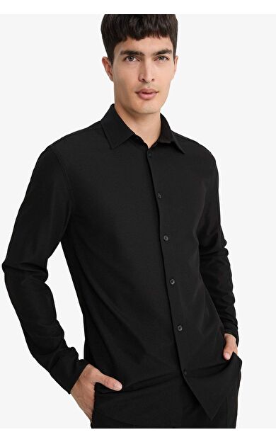 Slim Fit Dar Kesim Polo Yaka Penye Uzun Kollu Gömlek E9061AX25AUBK27