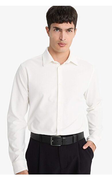 Slim Fit Dar Kesim Polo Yaka Penye Uzun Kollu Gömlek E9061AX25AUWT32