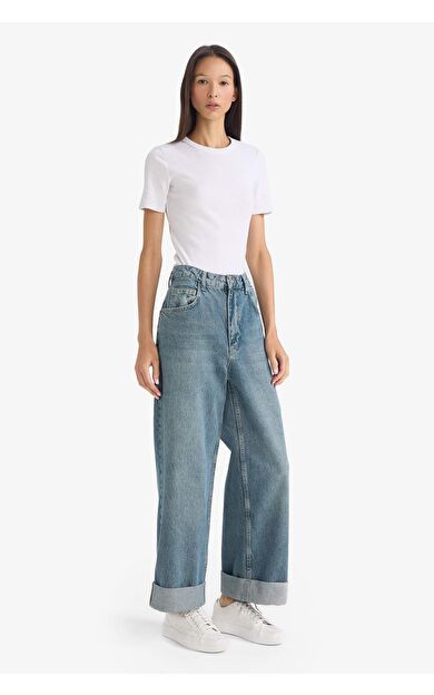 Baggy Fit Yüksek Bel Katlamalı Paça Jean Pantolon