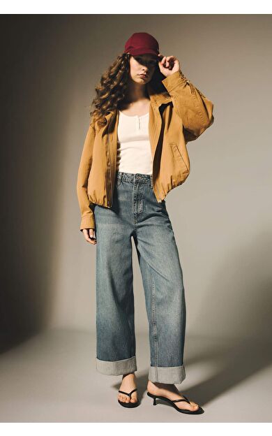 Baggy Fit Yüksek Bel Katlamalı Paça Jean Pantolon