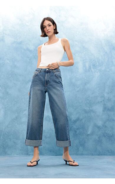 DeFacto Baggy Fit Yüksek Bel Katlamalı Paça Jean Pantolon